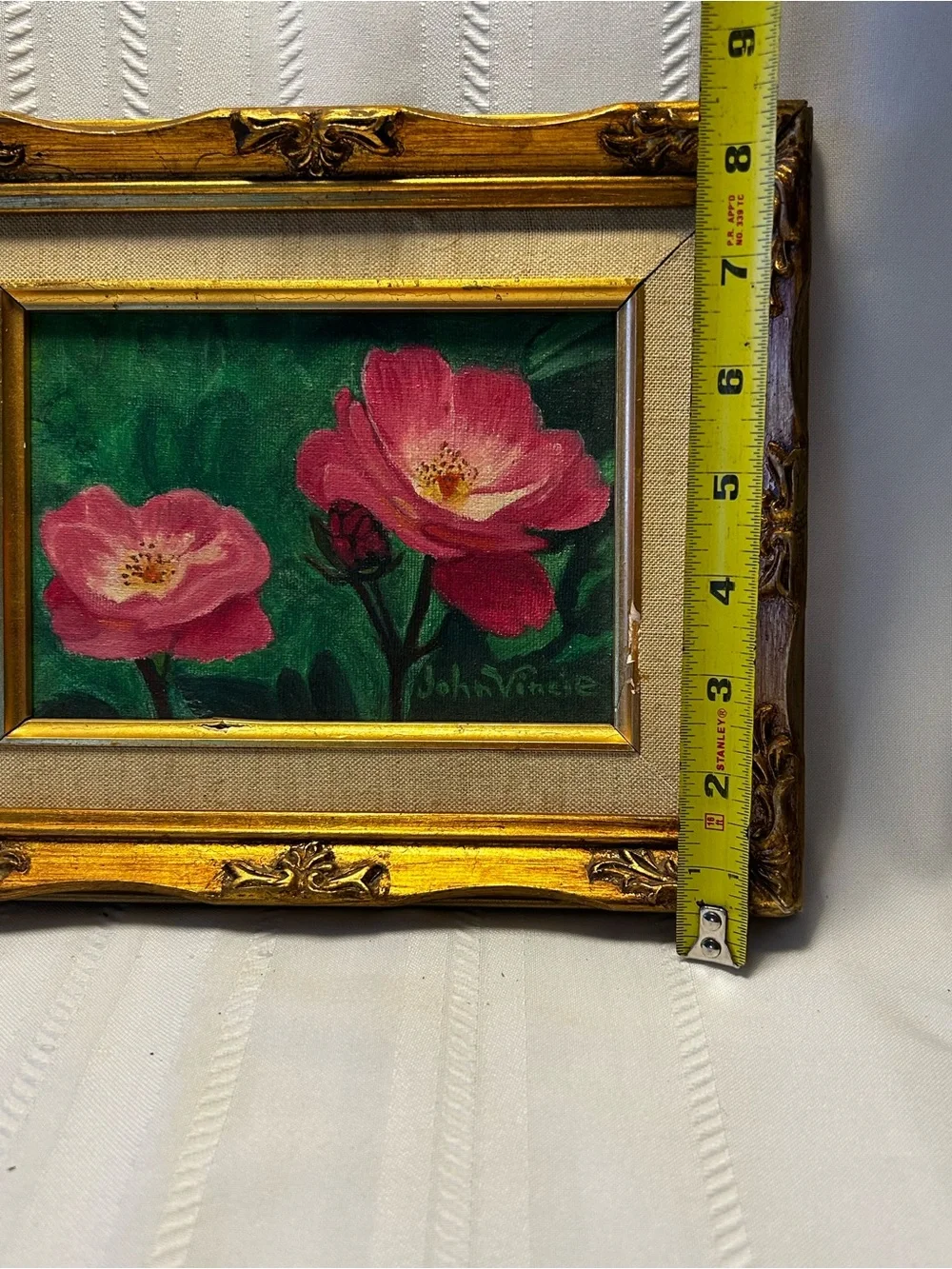 Vintage Signed Hand-Painted Pink Floral Green Ornate Gold Frame Original Artwork